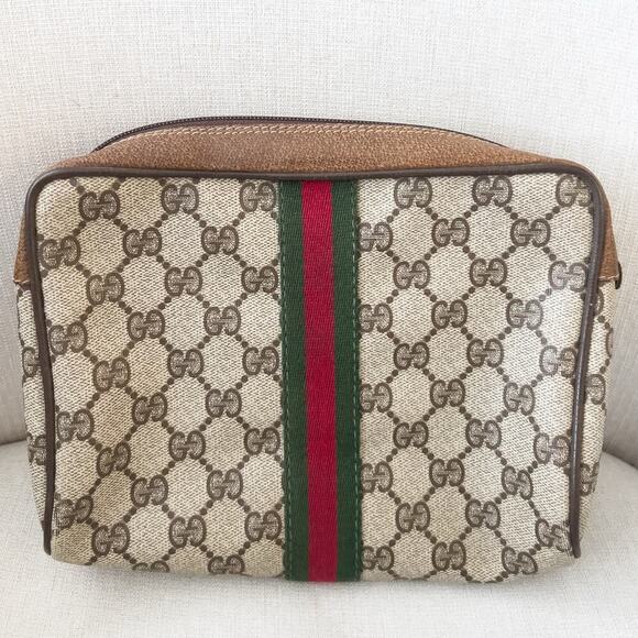 Vintage Gucci Bag Toiletry Clutch Brown GG Logo Tan Zip 80's - Picture 4 of 13